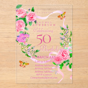 Invitation d'anniversaire 50 ans Ruban Rose Rose