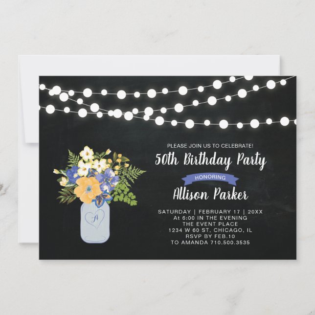 Invitation d'anniversaire 50 ans tableau noir, pot (Devant)