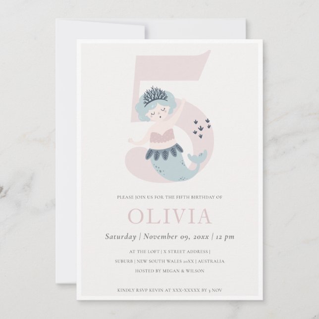 Invitation d'anniversaire 5 ans de petite sirène r (Devant)