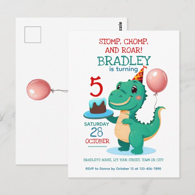 Invitation d'anniversaire 5 ans Dinosaure T Rex (Devant / Derrière)