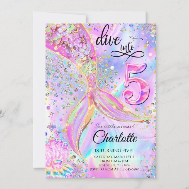 Invitation d'anniversaire 5 ans Mermaid Pink Purpl (Devant)