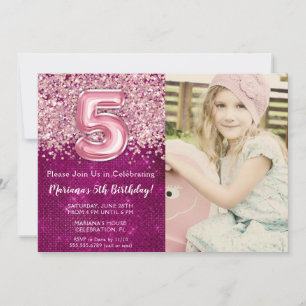 Invitation d'anniversaire 5 ans rose magenta paill