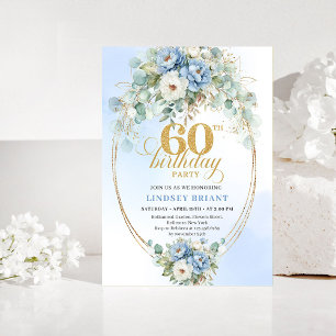 Invitation d'anniversaire 60 ans Fleurs Bleu Pouss