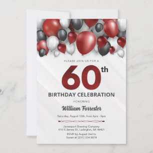 Invitation d'anniversaire 60 ans Noir Rouge Argent