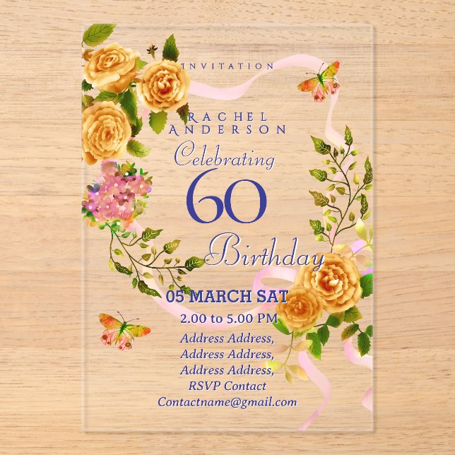 Invitation d'anniversaire 60 ans Ruban Rose Or (Recto)