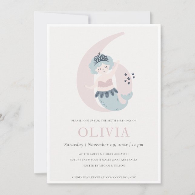 Invitation d'anniversaire 6 ans de sirène rose ble (Devant)