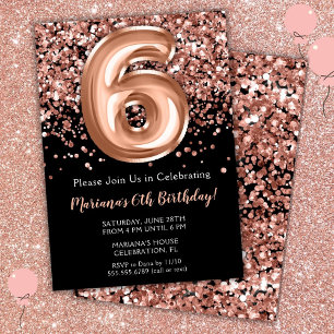 Invitation d'anniversaire 6 ans Noir Rose Or Paill