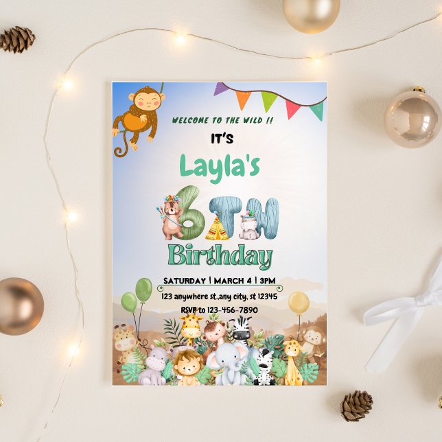 Invitation d'anniversaire 6 ans Safari Vert et Ble (Colorful Green & Blue Safari 6th Birthday Invitation)
