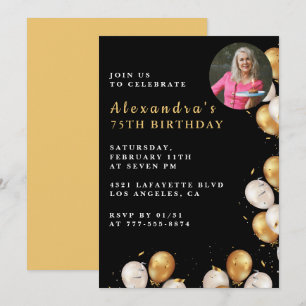 Invitation d'anniversaire 75 ans noir ballon doré 
