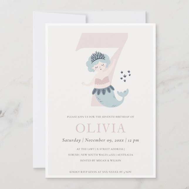 Invitation d'anniversaire 7 ans de petite sirène r (Devant)