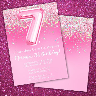 Invitation d'anniversaire 7 ans fille rose paillet