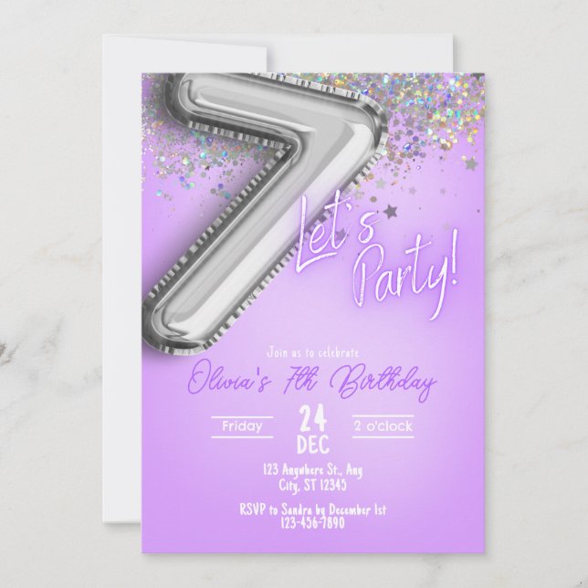 Invitation d'anniversaire 7 ans pailletée violette (Devant)