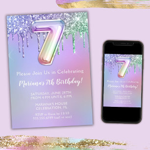 Invitation d'anniversaire 7 ans Paillettes Rose Vi