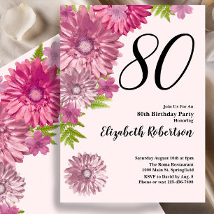 Invitation d'anniversaire 80 ans à fleurs roses en