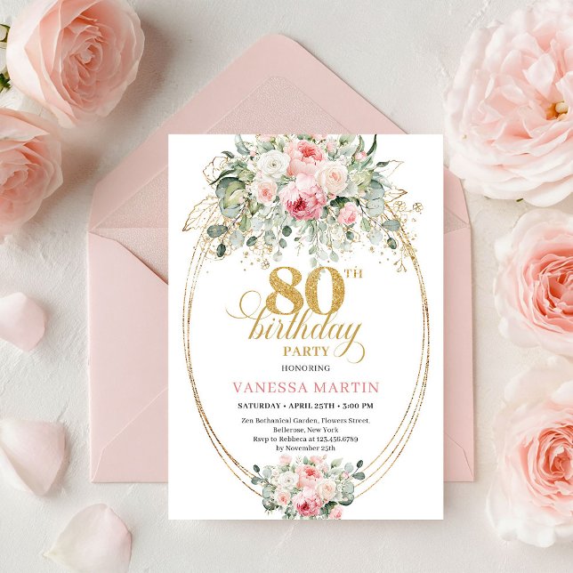 Invitation d'anniversaire 80 ans aux roses blush M (Modern Boho Blush Roses 80th Birthday Invitation Set

)