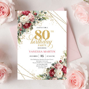 Invitation d'anniversaire 80 ans Boho Rouge Blanc 
