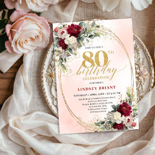 Invitation d'anniversaire 80 ans Floral Or Bourgog