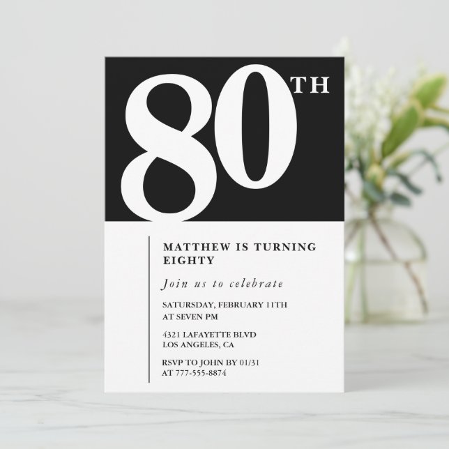 Invitation d'anniversaire 80 ans noir Élégant Chic (Debout devant)