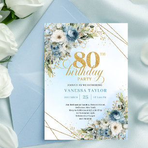 Invitation d'anniversaire 80 ans raffinée Bleu Pou