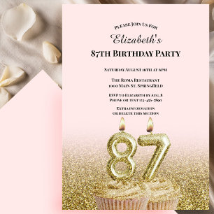 Invitation d'anniversaire 87 ans rose et or pour e