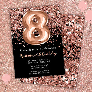 Invitation d'anniversaire 8 ans Noir Rose Or Paill