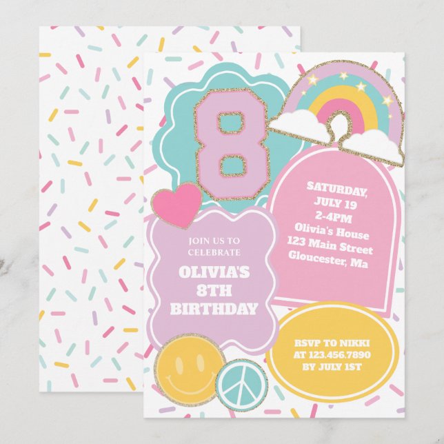Invitation d'anniversaire 8 ans Preppy Patch (Devant / Derrière)