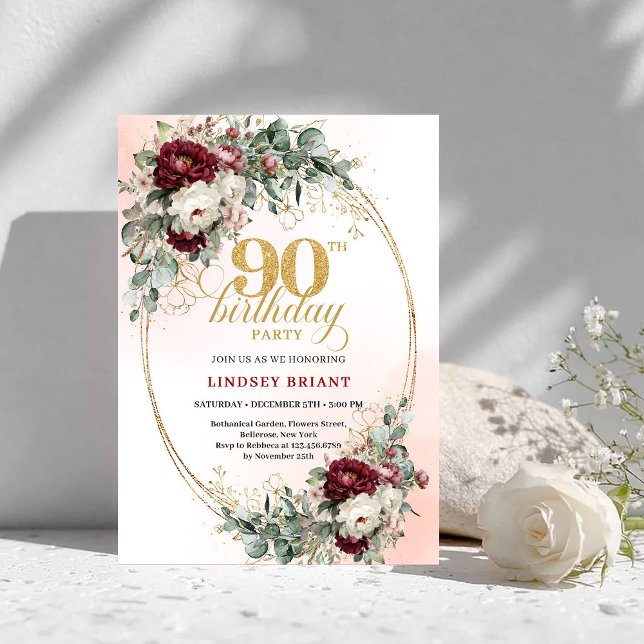 Invitation d'anniversaire 90 ans Or Pivoines Rouge (Classic Deep Red Peonies Gold 90th Birthday Invitation)