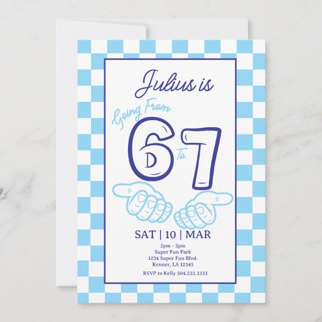 Invitation d'anniversaire à carreaux bleus 6 7 Mem (Devant)