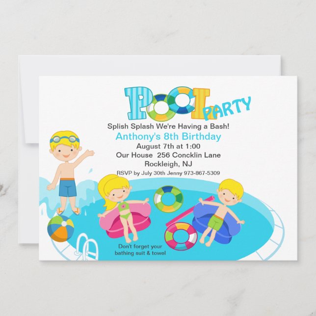 Invitation d'anniversaire à la Blue Kids Pool (Devant)