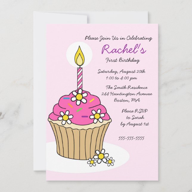 Invitation d'anniversaire à la Cupcake rose CUTE (Devant)
