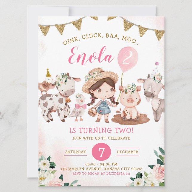 Invitation d'anniversaire à la ferme de filles ros (Devant)