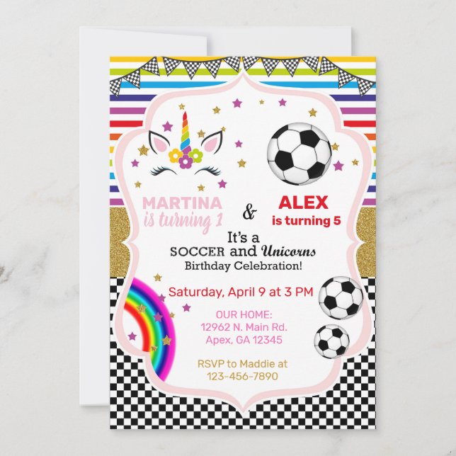 Invitation d'anniversaire à la licorne et aux socc (Devant)