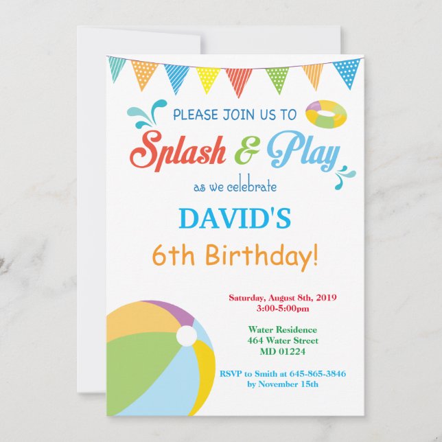 Invitation d'anniversaire à la piscine Splish Spla (Devant)