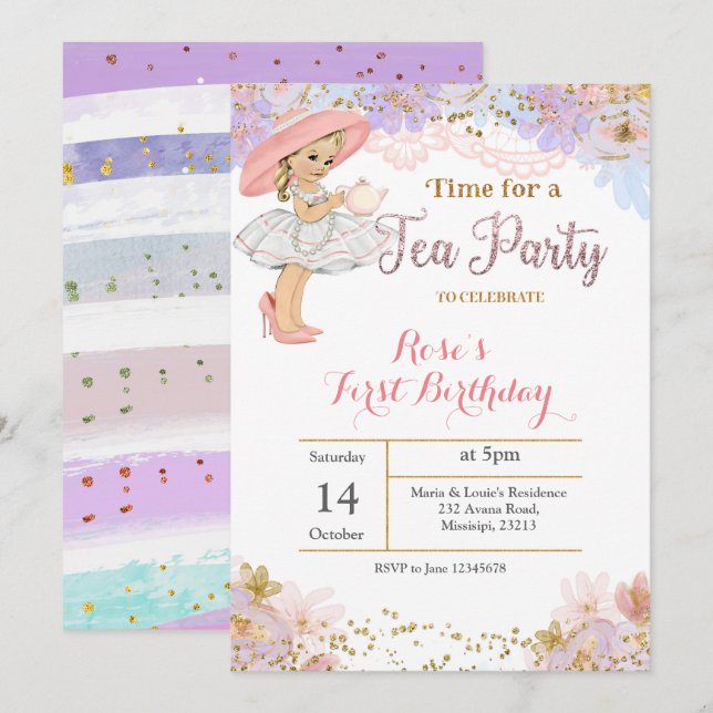 Invitation d'anniversaire à la Princess Tea Party (Devant / Derrière)