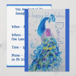 Invitation d'anniversaire à l'aquarelle Paon Bleu