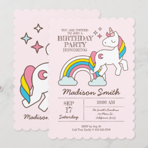 Invitation d'anniversaire à l'Unicorne Cute Rainbo