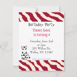 Invitation d'anniversaire à motif zèbre rouge et b