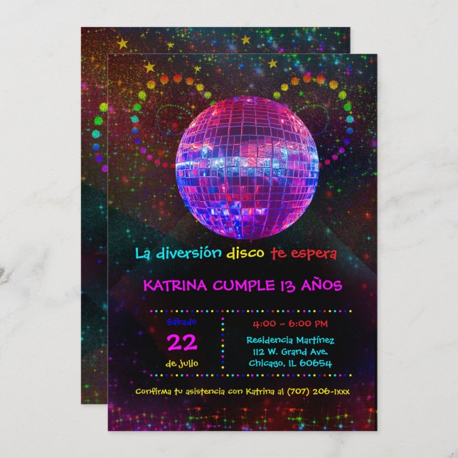 Invitation d'anniversaire à thème disco pour enfan (Devant / Derrière)