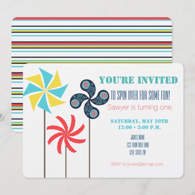 Invitation d'anniversaire à thème Pinwheel - Color (Devant / Derrière)