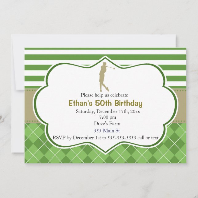 Invitation d'anniversaire adulte golf vert et or (Devant)