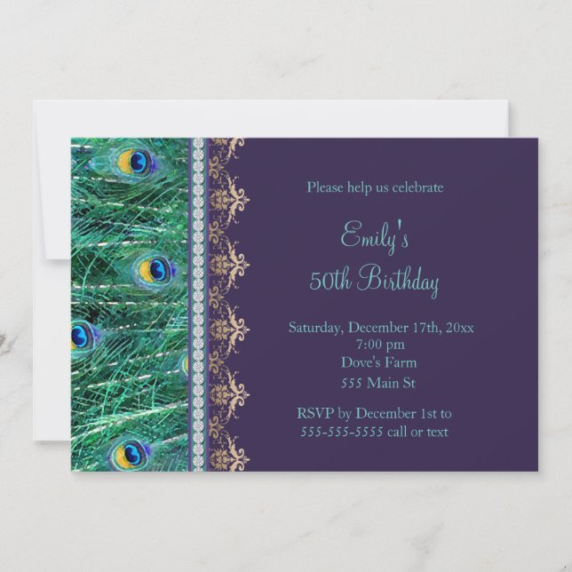 Invitation d'anniversaire adulte paon violet or (Devant)