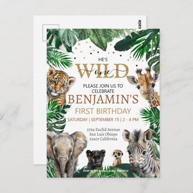 Invitation d'anniversaire Animaux de Safari Jungle (Devant / Derrière)