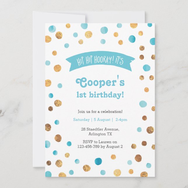 Invitation d'anniversaire | Aqua Bleu et confetti  (Devant)