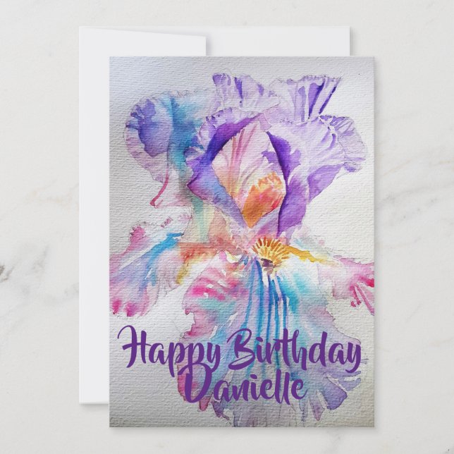 Invitation d'anniversaire aquarelle Iris Rose Viol (Devant)
