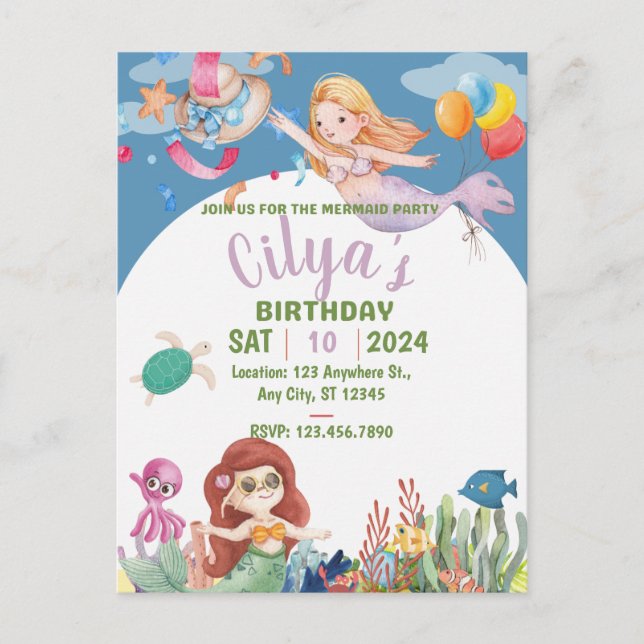 Invitation d'anniversaire aquarelle Sirène Mignonn (Devant)