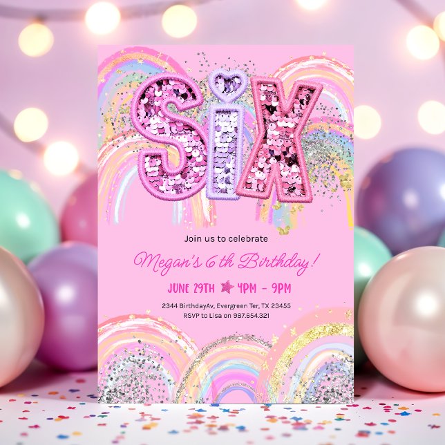 Invitation d'anniversaire arc-en-ciel 6 ans (Rainbow Pastel Sequin 6th Birthday Pink Invitation)