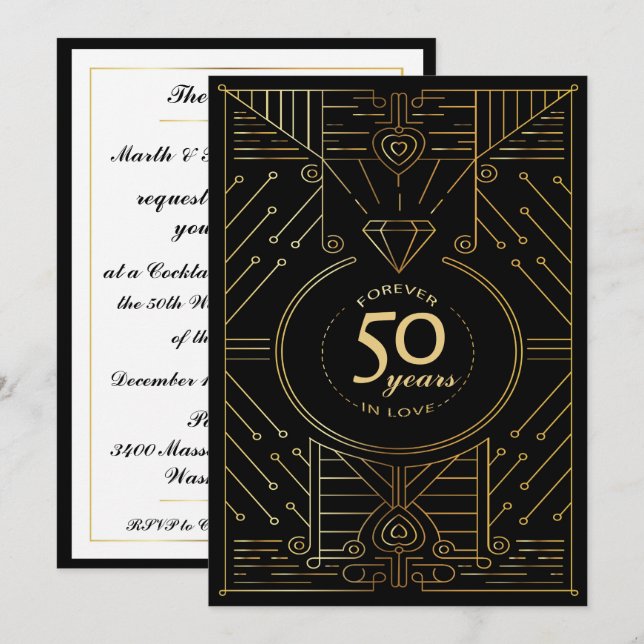 Invitation d'anniversaire Art Déco exquis 50e anni (Devant / Derrière)