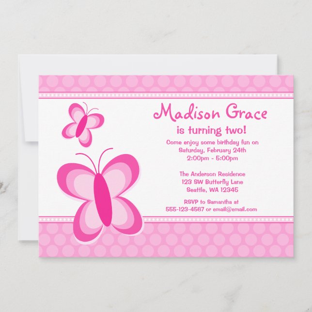 Invitation d'anniversaire au papillon rose Polka D (Devant)