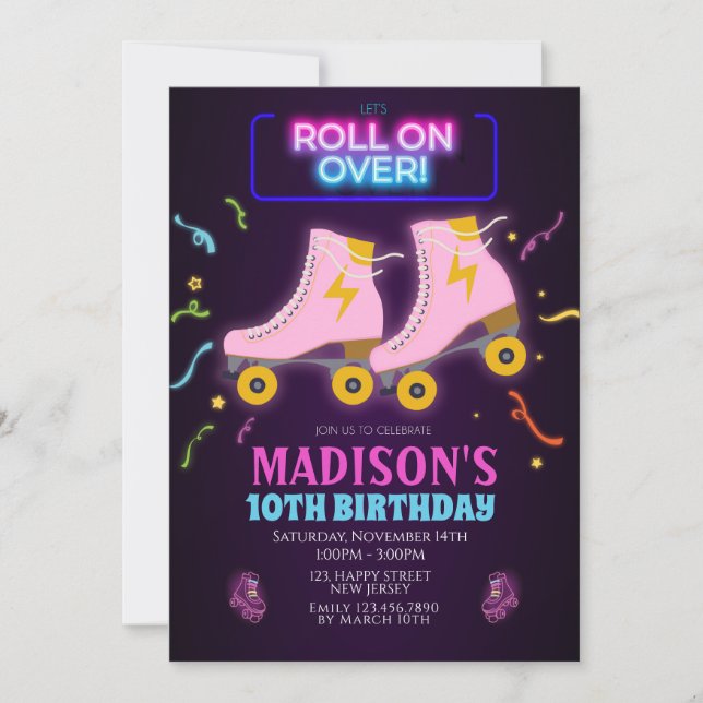 Invitation d'anniversaire au roller néon (Devant)