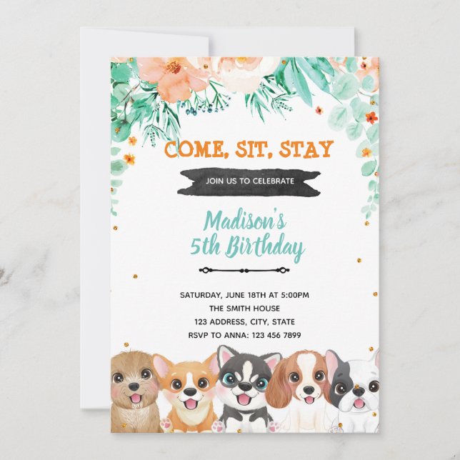 Invitation d'anniversaire aux chiens de fleurs (Devant)
